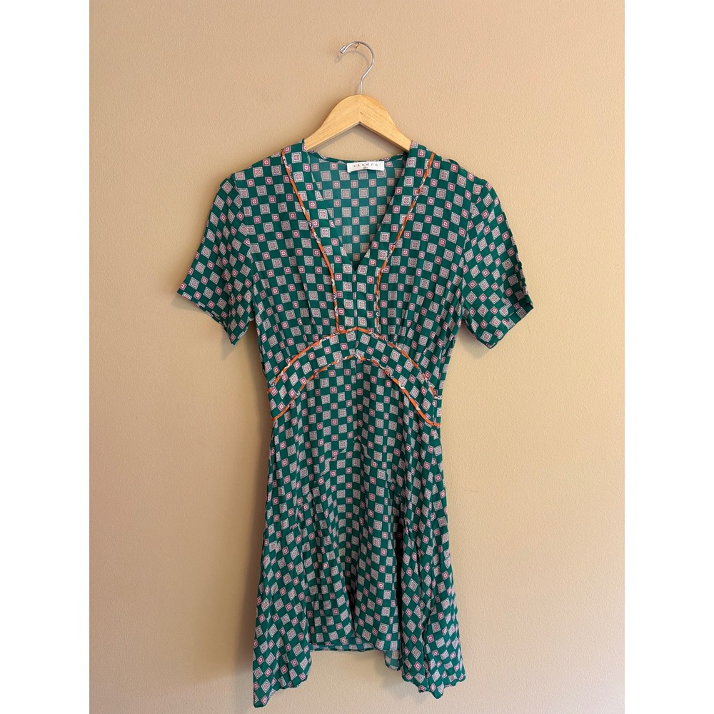 Sandro Paris Green Geometric Print V-Neck Mini Dress Orange Trim Short Sleeve